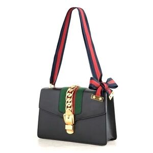 Gucci authentic Sylvie shoulder bag black leather red navy ribbon atrap